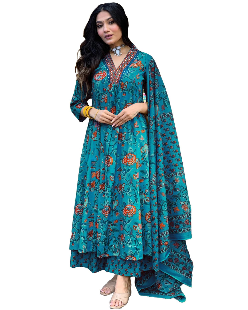 GoSriKi Women's Rayon Viscose Anarkali Printed Kurta with Palazzo & Dupatta - Pickkart