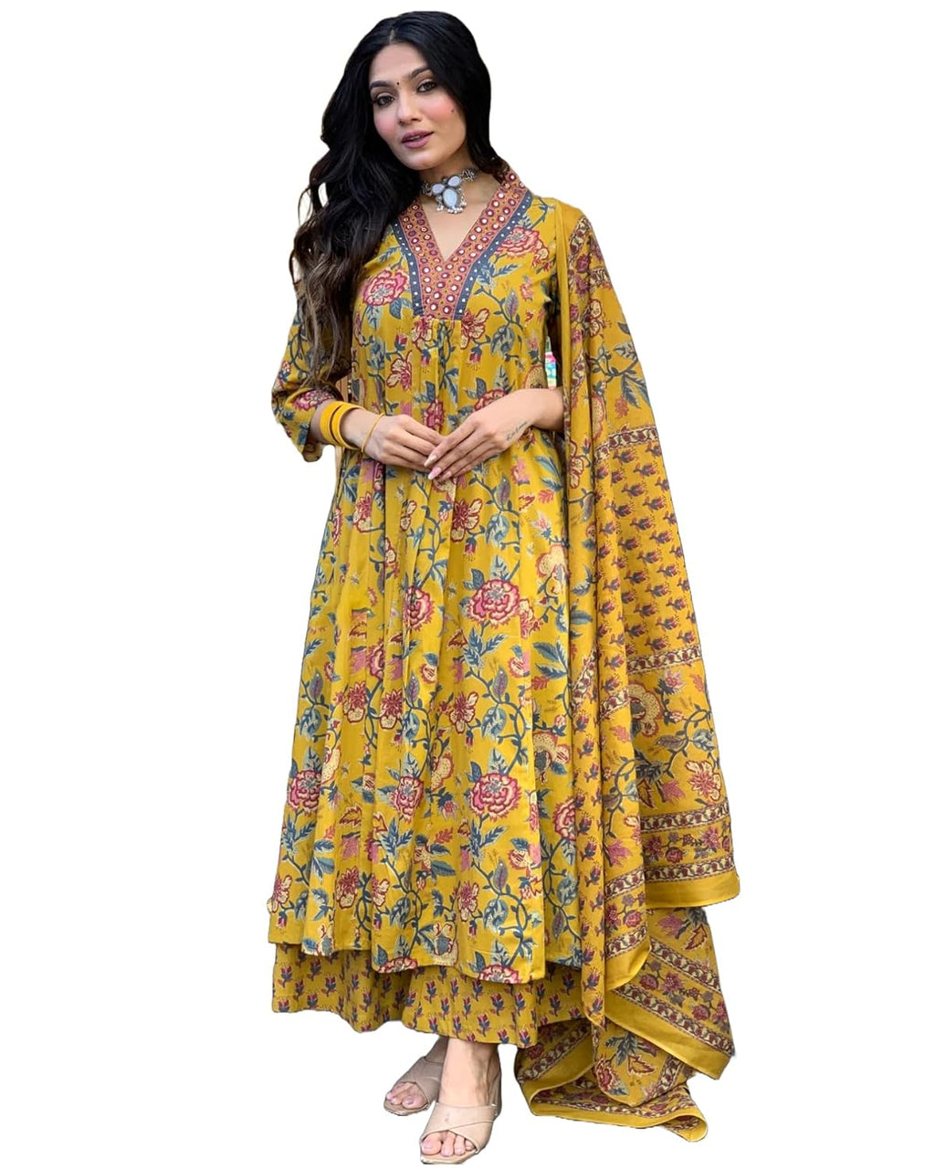 GoSriKi Women's Rayon Viscose Anarkali Printed Kurta with Palazzo & Dupatta - Pickkart