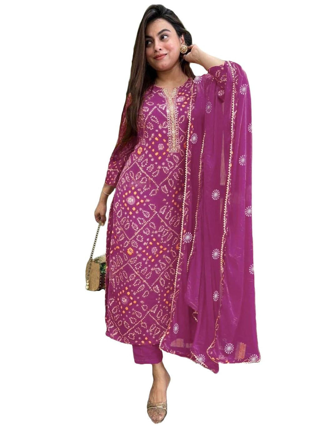 GoSriKi Women's Rayon Viscose Straight Bandhej Printed Kurta with Pant & Dupatta - Pickkart