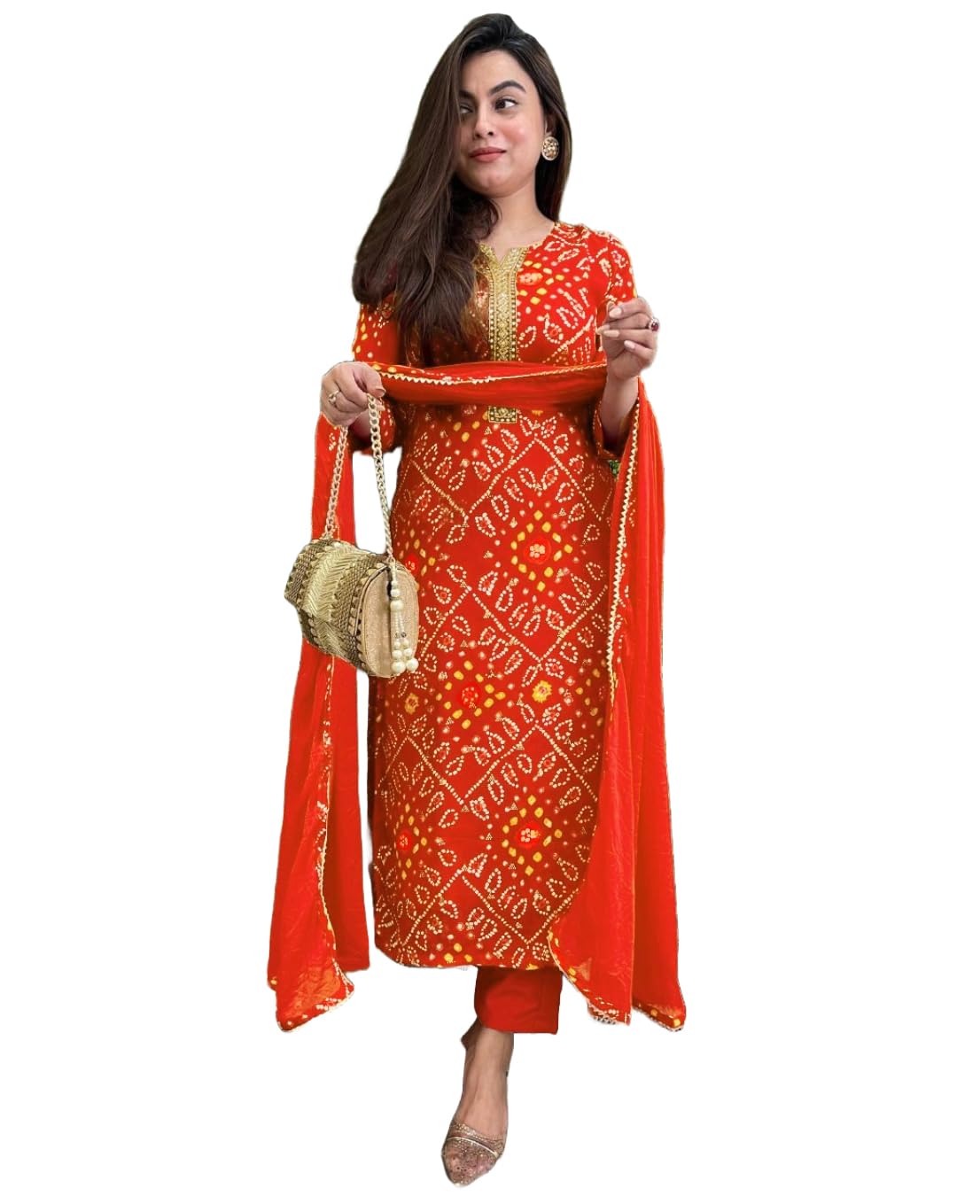 GoSriKi Women's Rayon Viscose Straight Bandhej Printed Kurta with Pant & Dupatta - Pickkart
