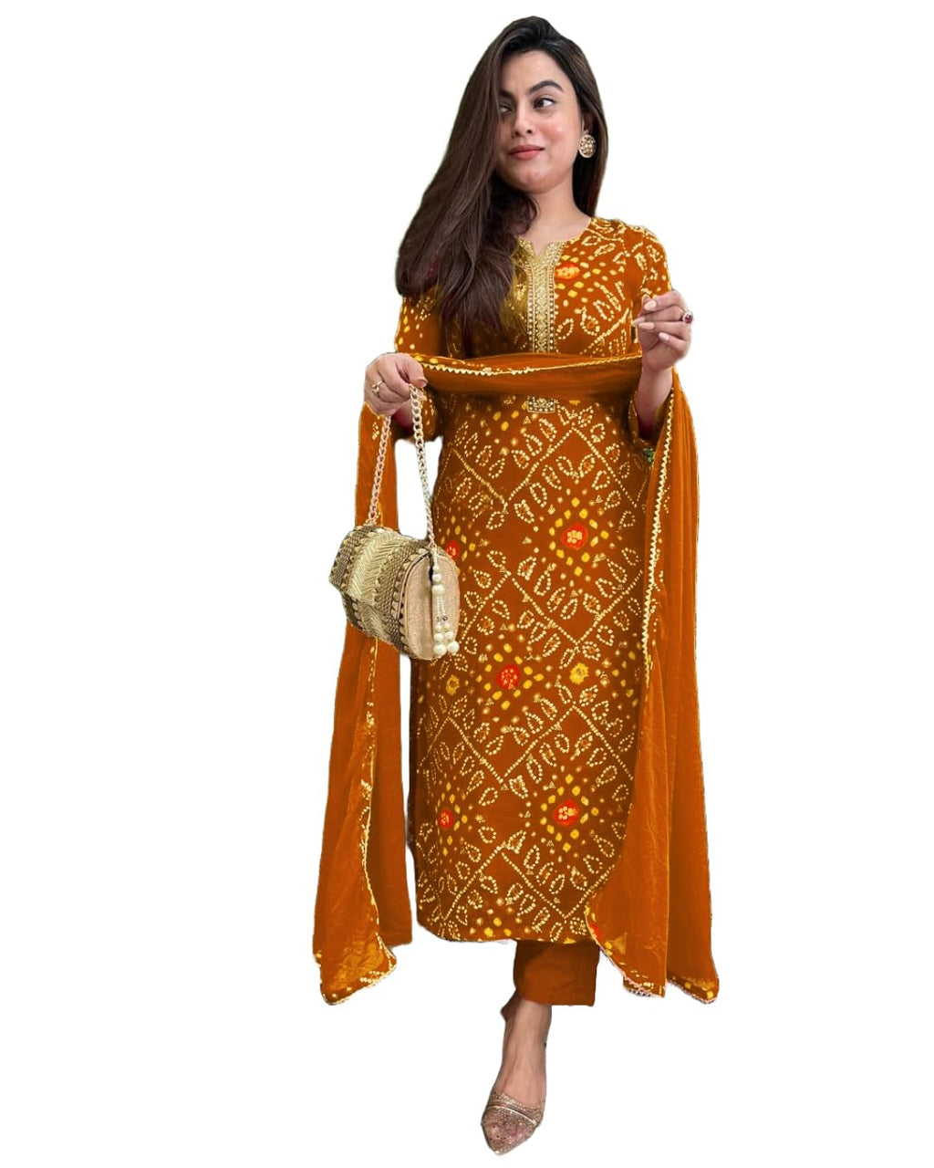 GoSriKi Women's Rayon Viscose Straight Bandhej Printed Kurta with Pant & Dupatta - Pickkart