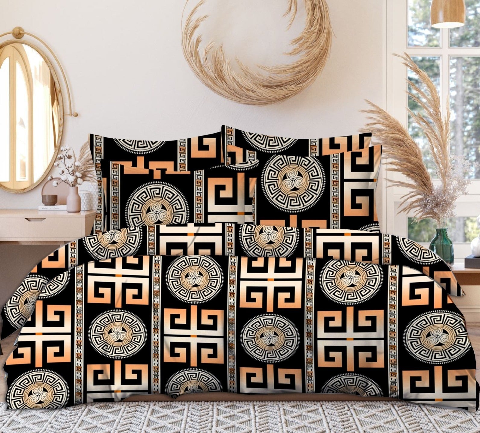 Grey - Black Cotton Elastic 160 TC King Bedsheet with 2 Pillow Covers - Pickkart