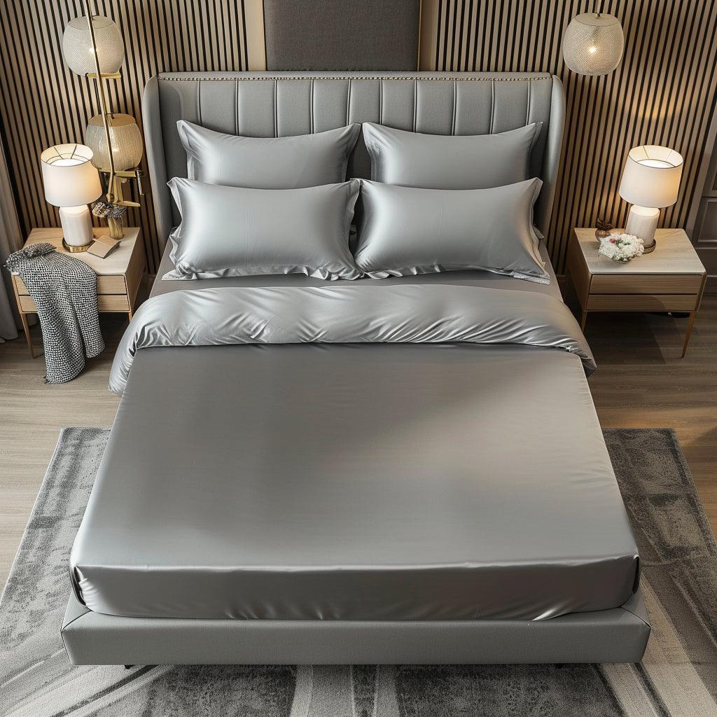 Grey Premium Satin Elastic Fitted Sheets with 2 Pillow Covers - Pickkart