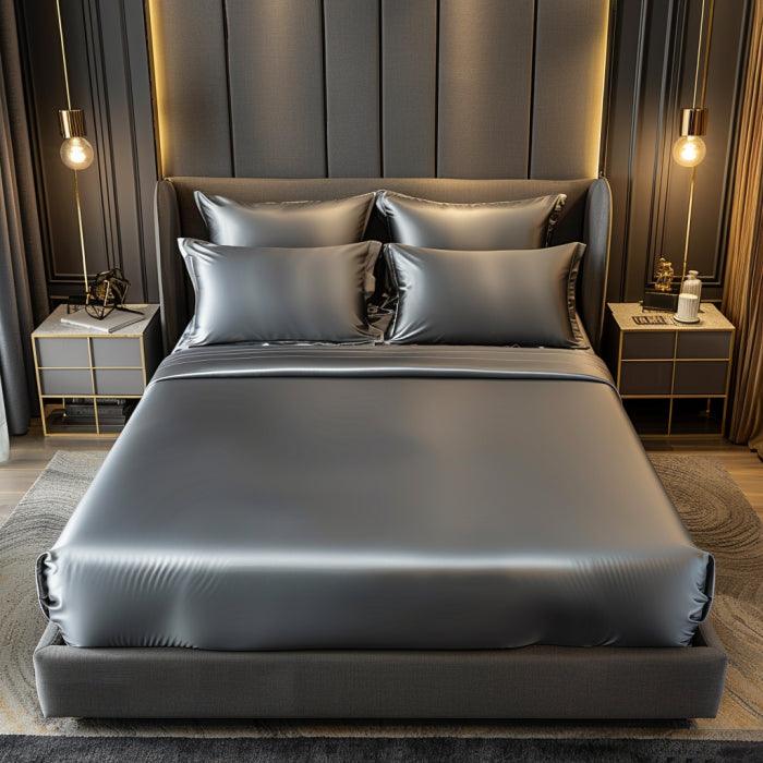 Grey Premium Satin Elastic Fitted Sheets with 2 Pillow Covers - Pickkart