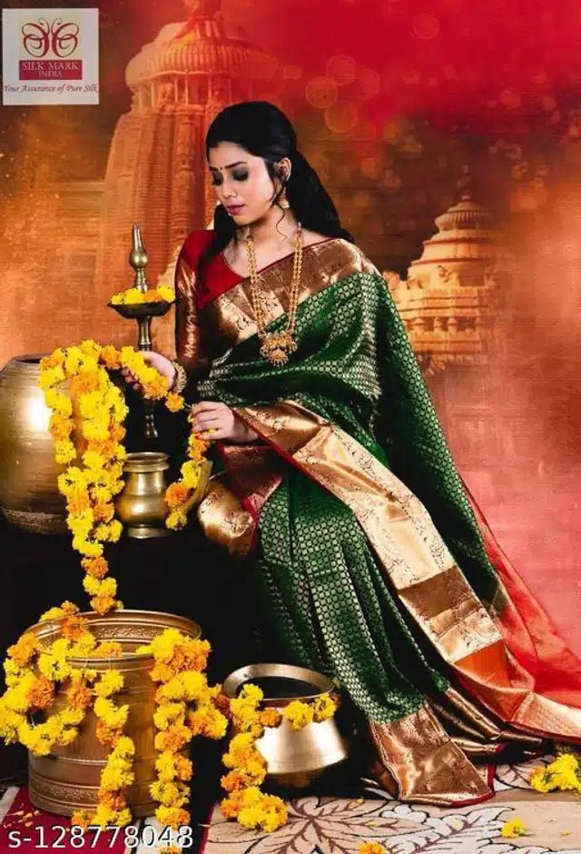 Jacquard Saree With Blouse For Women (Green, 6.3M) - Pickkart