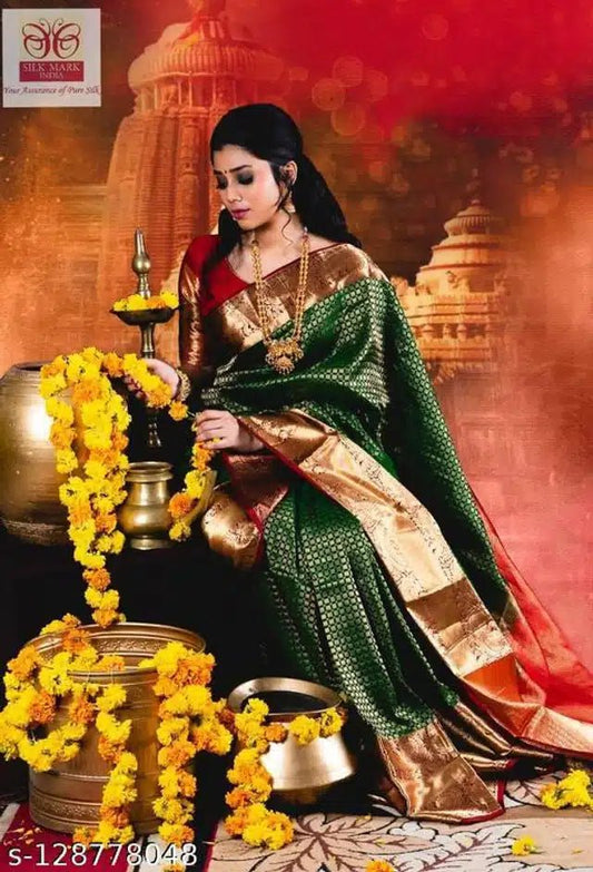 Jacquard Saree With Blouse For Women (Green, 6.3M) - Pickkart