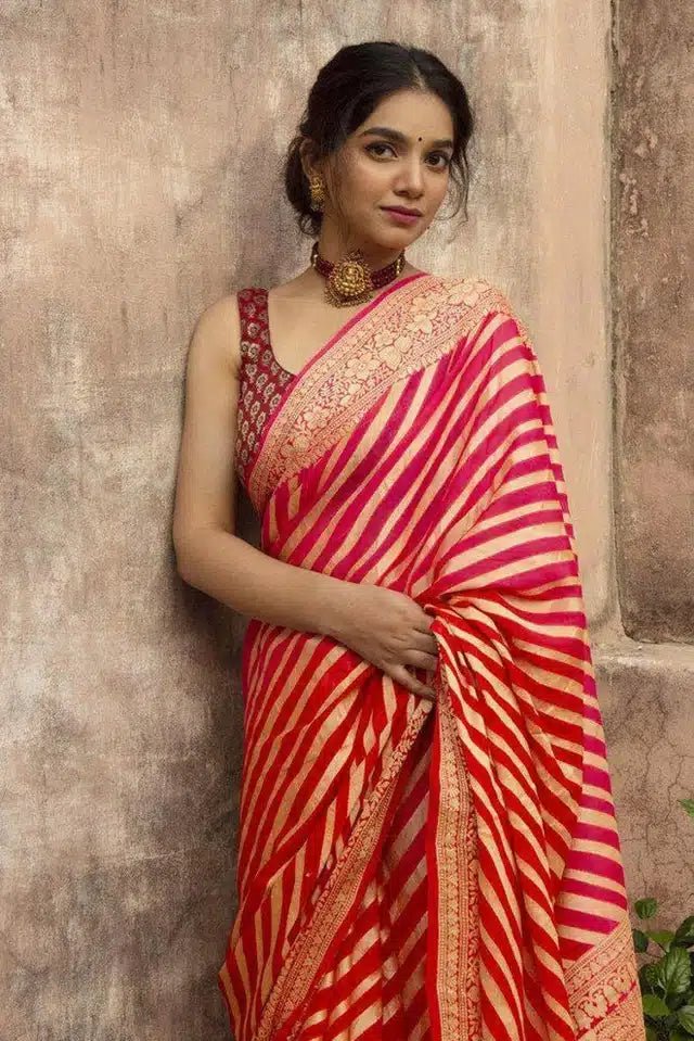 Jacquard Striped Saree for Women (Red, 6.3 m) - Pickkart