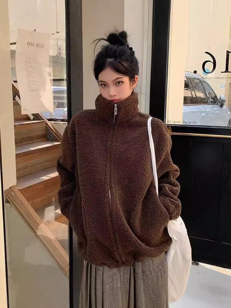 Korean Leisure Simple Stand Collar Loose All - match Lamb Wool Coat - Pickkart