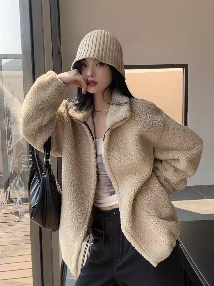 Korean Leisure Simple Stand Collar Loose All - match Lamb Wool Coat - Pickkart