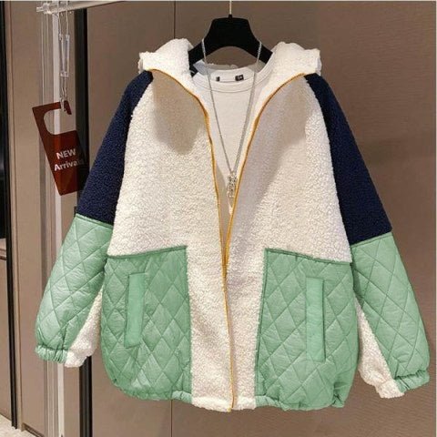 Loose Lamb Wool Women's Stitching Contrast Color Fleece Padded Coat - Pickkart