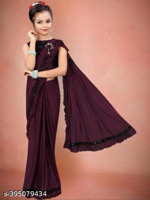 Lycra Solid Saree for Girls (Wine, 10 - 11 Years) - Pickkart