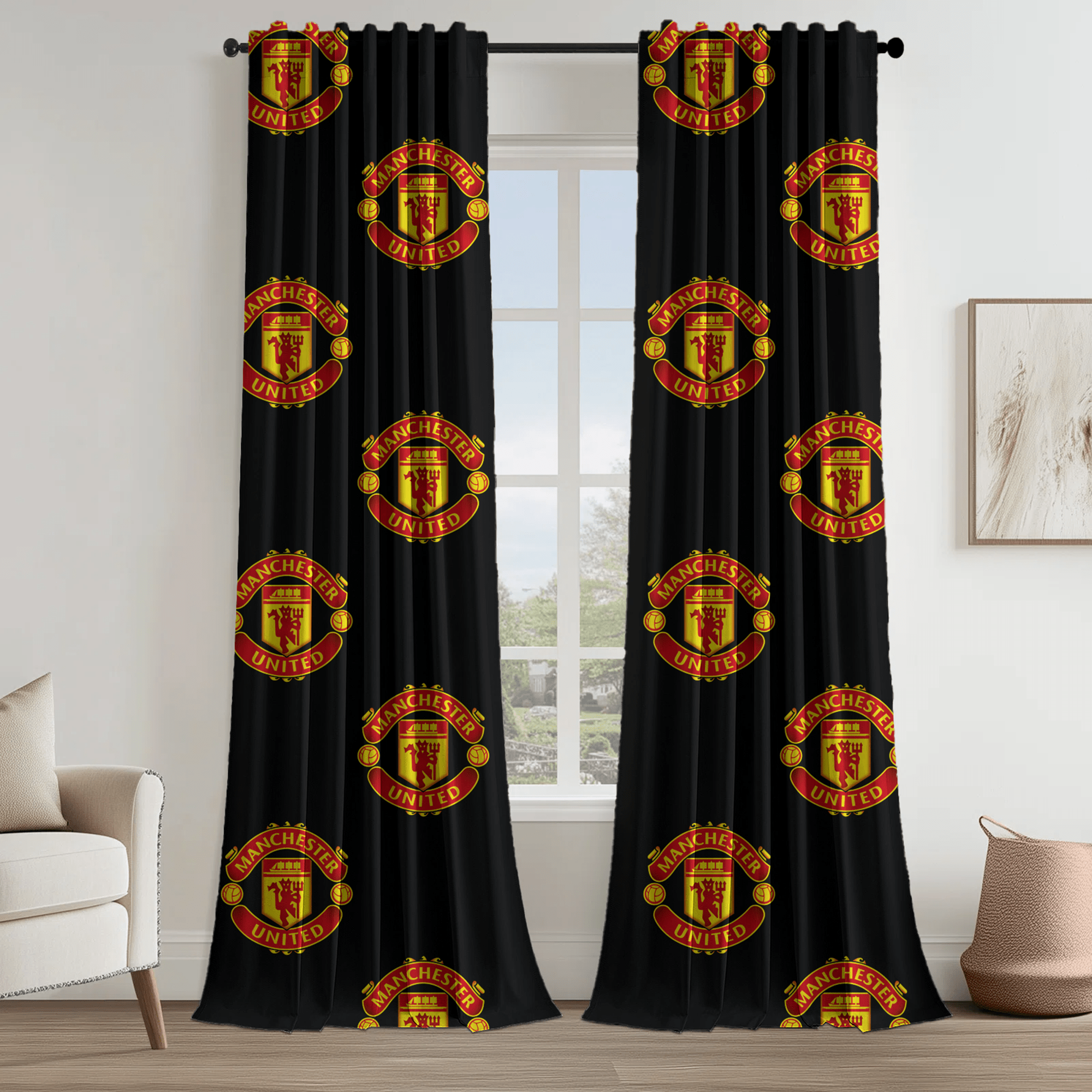 Manchester United FC Curtains | Red & Black | Licensed Merchandise | Eyelet, Ring Top, Rod Pocket Curtains | Blackout Lining Option - Pickkart