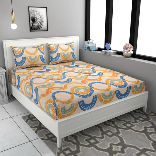 Orange and Blue Cotton Elastic 160 TC King Bedsheet with 2 Pillow Covers - Pickkart