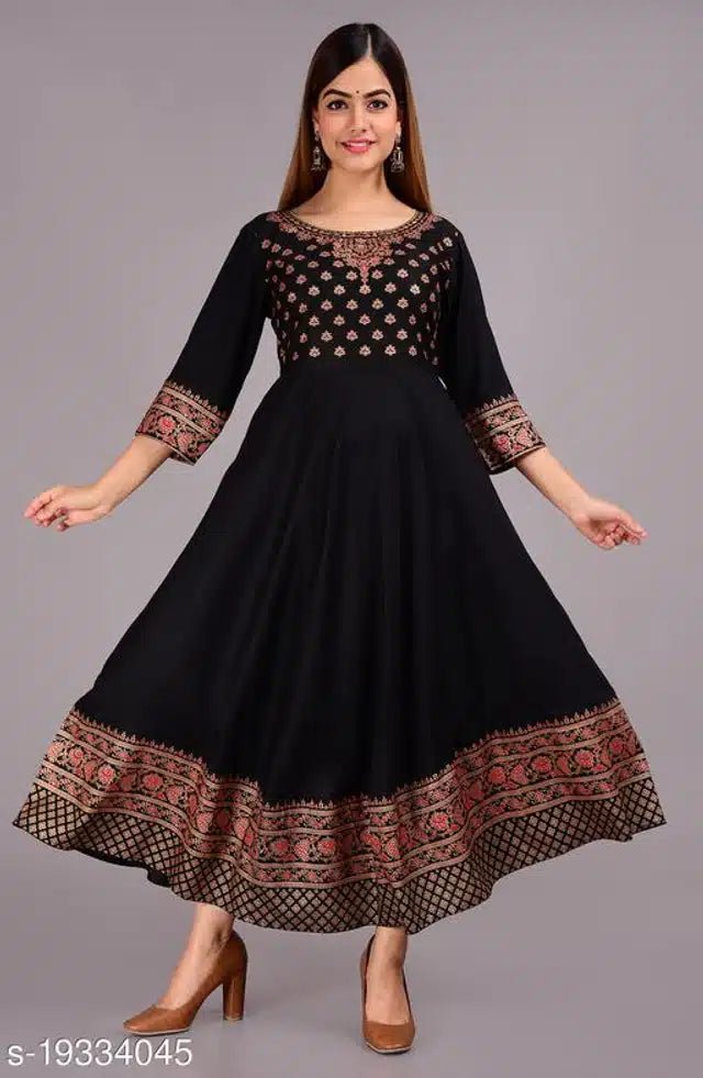 Rayon Printed Anarkali Kurti for Women (Black, S) - Pickkart
