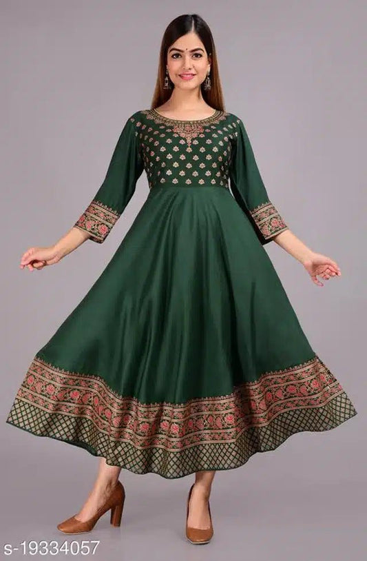 Rayon Printed Anarkali Kurti for Women (Green, S) - Pickkart