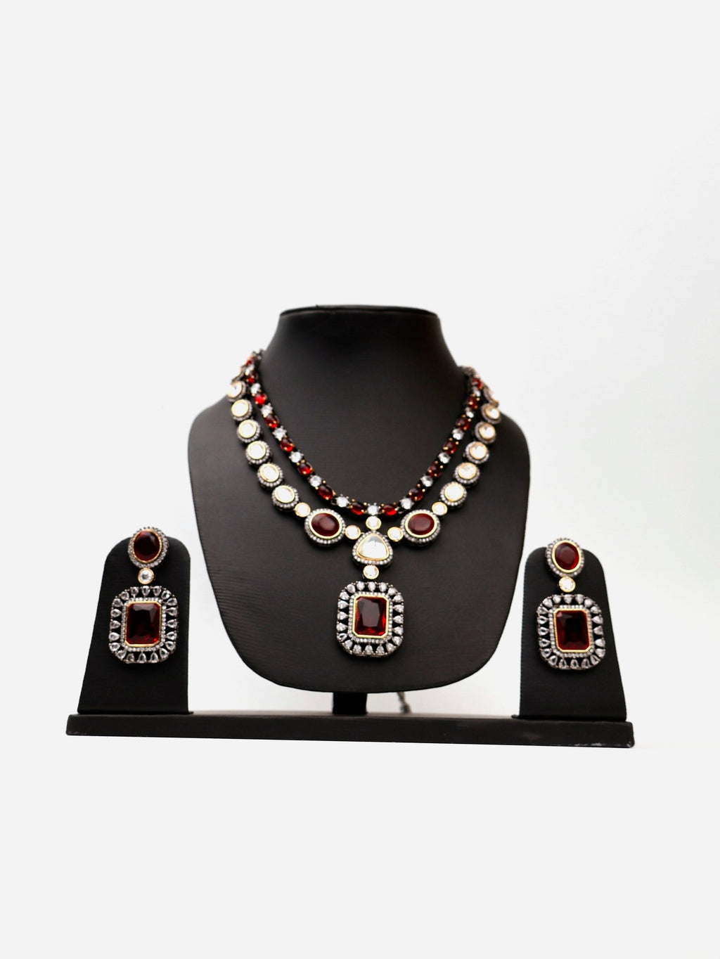 Red Garnet Stone and Kundan work Reverse AD Two Layer Necklace Set - Pickkart