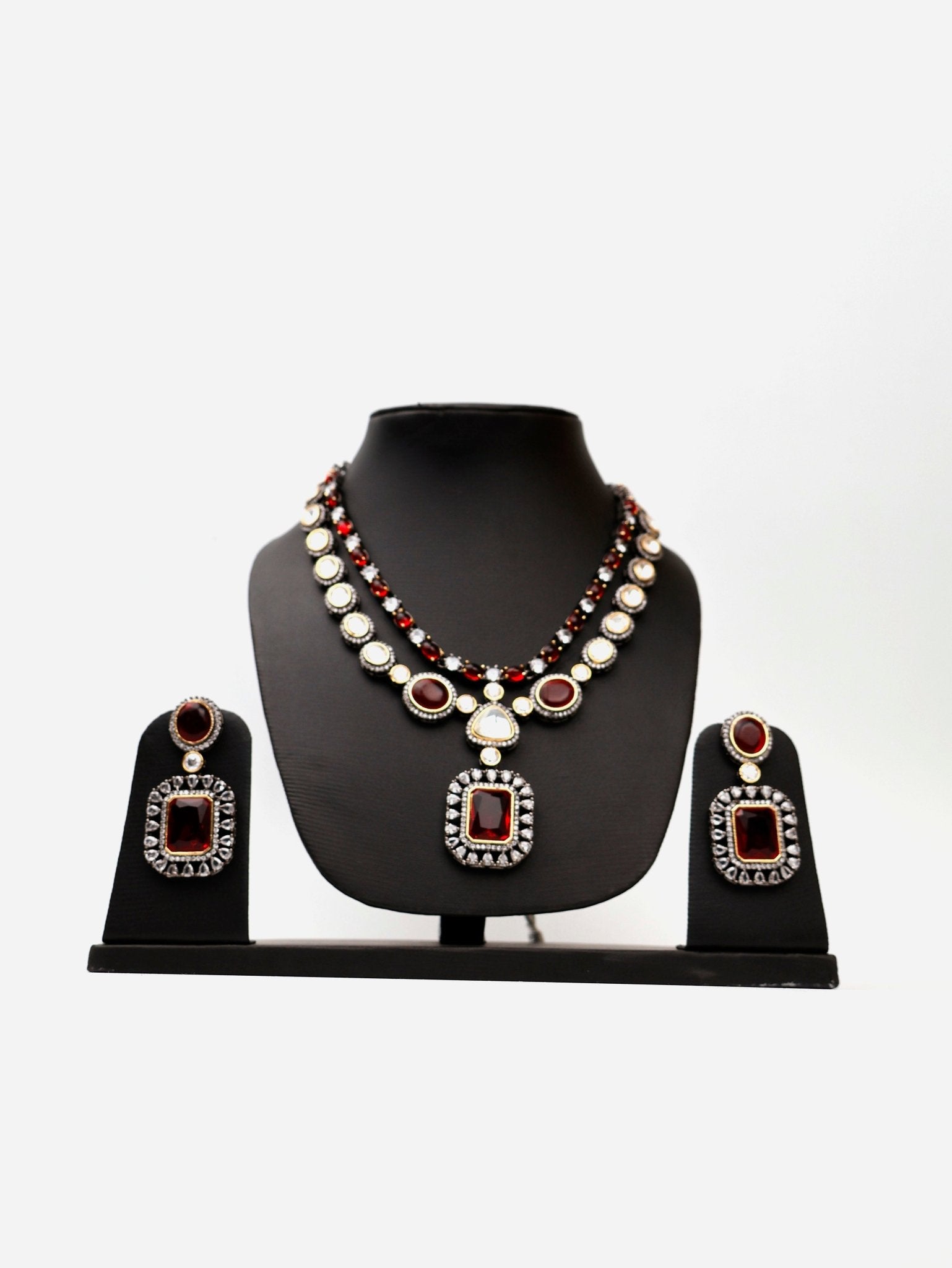 Red Garnet Stone and Kundan work Reverse AD Two Layer Necklace Set - Pickkart