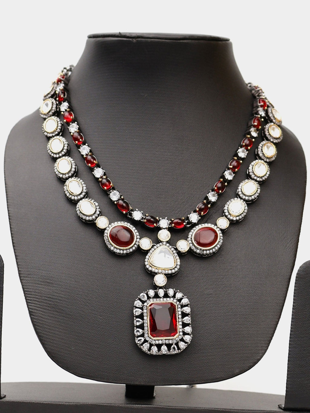 Red Garnet Stone and Kundan work Reverse AD Two Layer Necklace Set - Pickkart