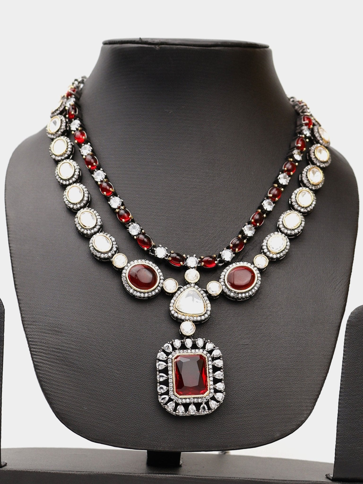 Red Garnet Stone and Kundan work Reverse AD Two Layer Necklace Set - Pickkart