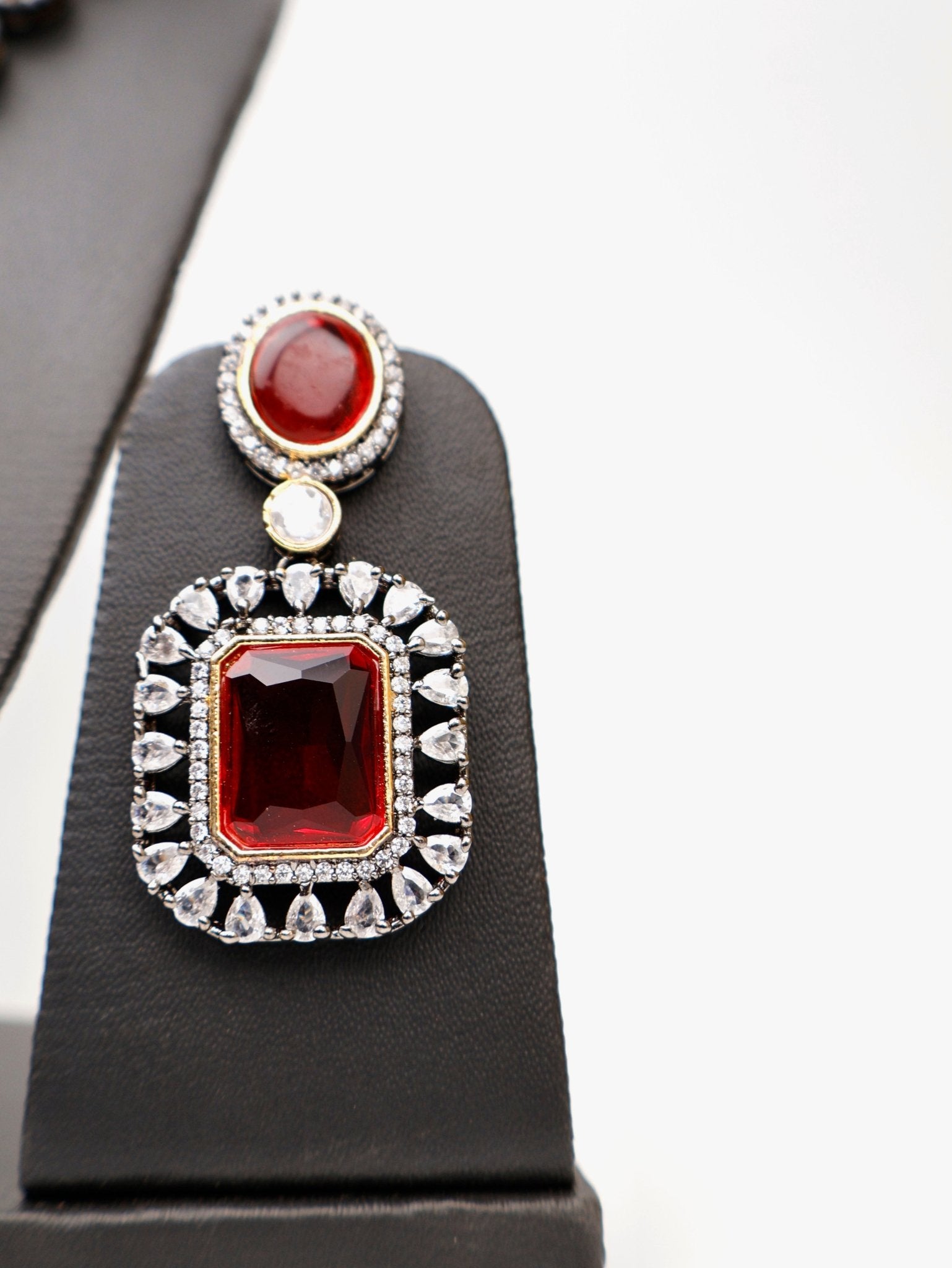 Red Garnet Stone and Kundan work Reverse AD Two Layer Necklace Set - Pickkart