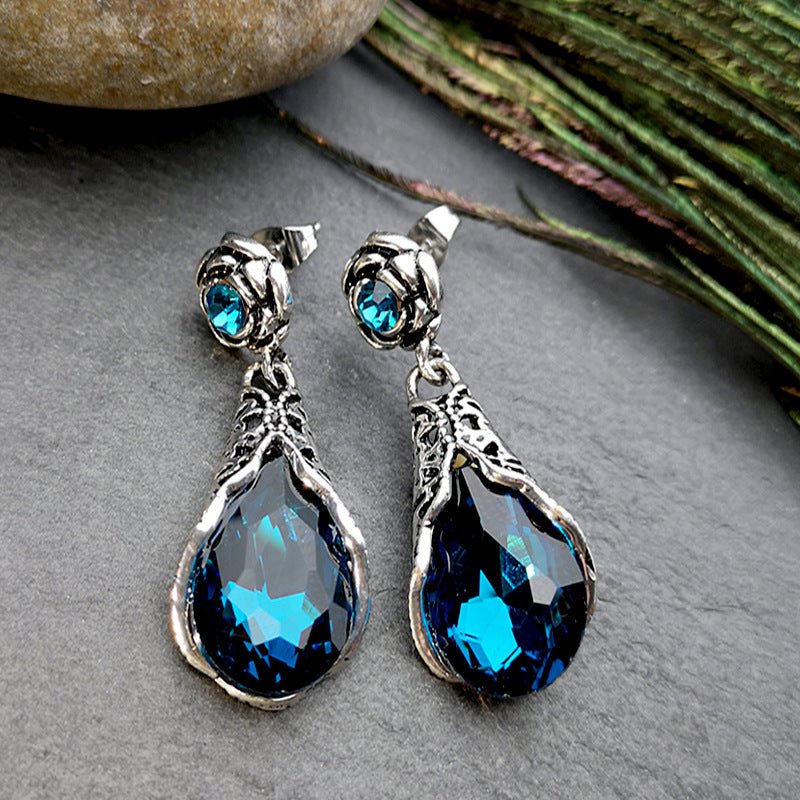 Rose Water Drop Flower Earrings Fashion Polo Peacock Blue Crystal - Pickkart