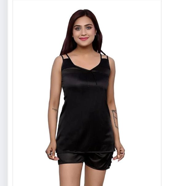 Satin Nightdress Set for Women (Black, M) - Pickkart