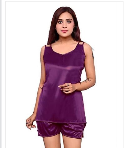 Satin Nightdress Set for Women (Purple, M) - Pickkart