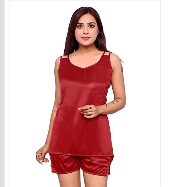 Satin Nightdress Set for Women (Red, M) - Pickkart