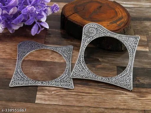 Silver - Toned Oxidised Bangles Ethnic Kada in Square Shape Pattern - Pickkart