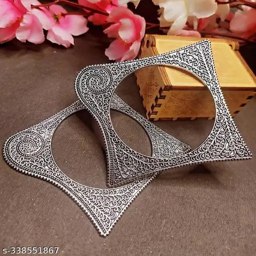 Silver - Toned Oxidised Bangles Ethnic Kada in Square Shape Pattern - Pickkart