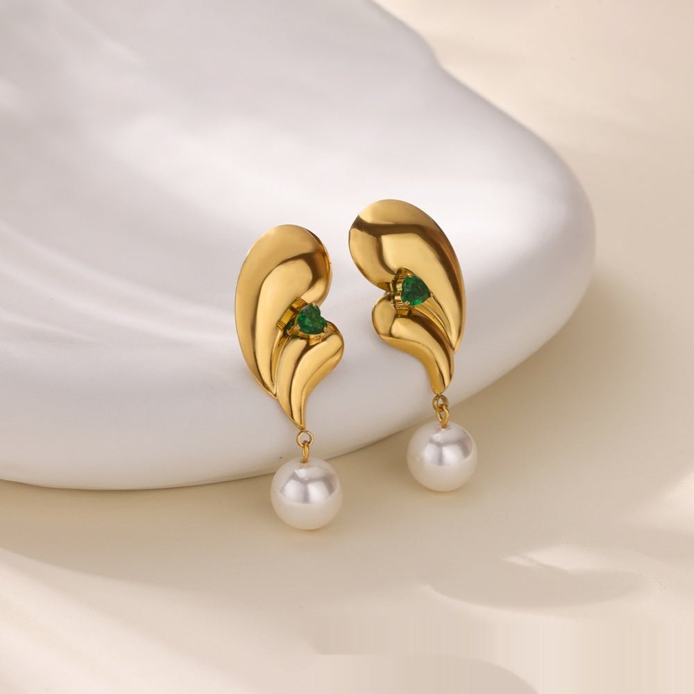 Stainless Steel Green Zircon Pearl Earrings - Pickkart