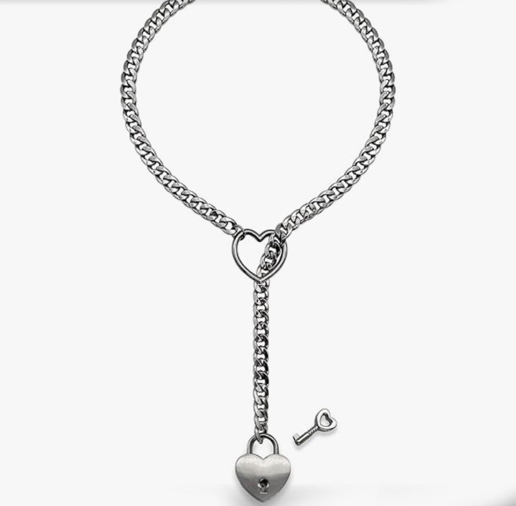 Stainless Steel Lariat Heart Necklace Personality Heavy Ring Cuban Long Chain Punk Rock Slipchain Choker Collar For Women Men - Pickkart