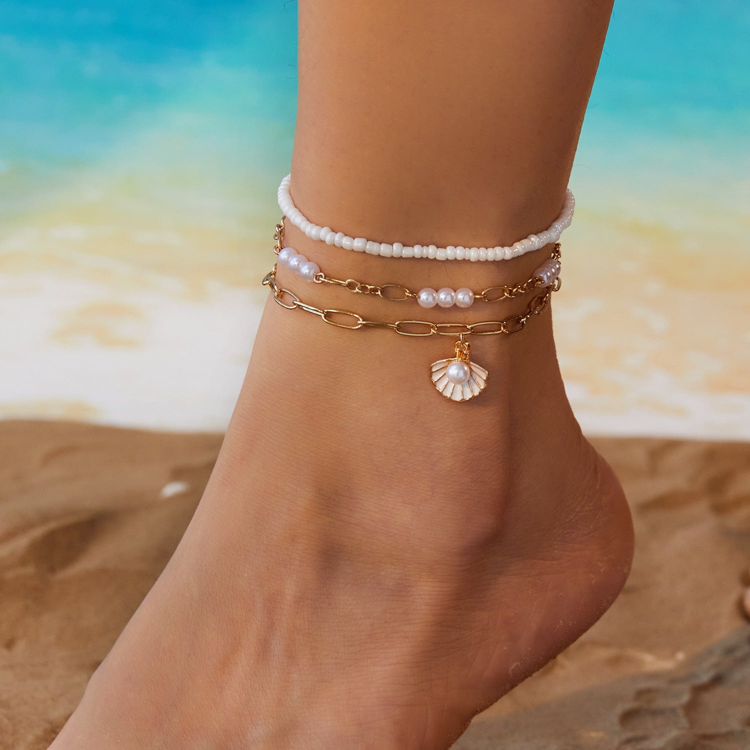 Starfish Conch Shell Pearl Multi Layer Anklet - Pickkart
