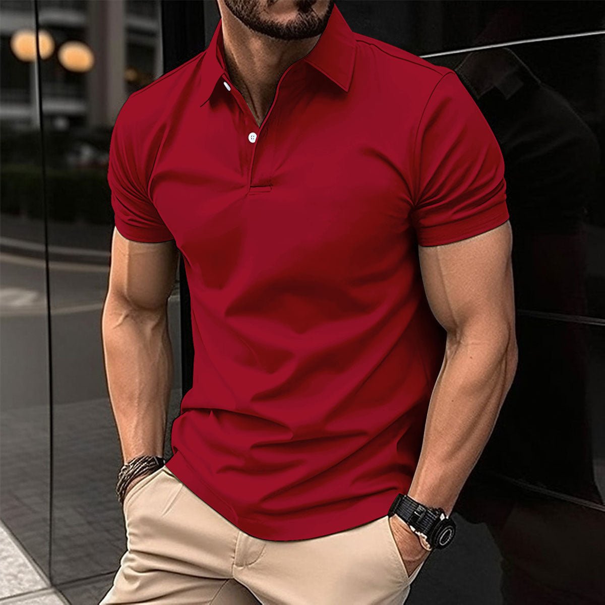 Summer Short Sleeve Polo Shirt Men Solid Color Button Lapel Button Top - Pickkart