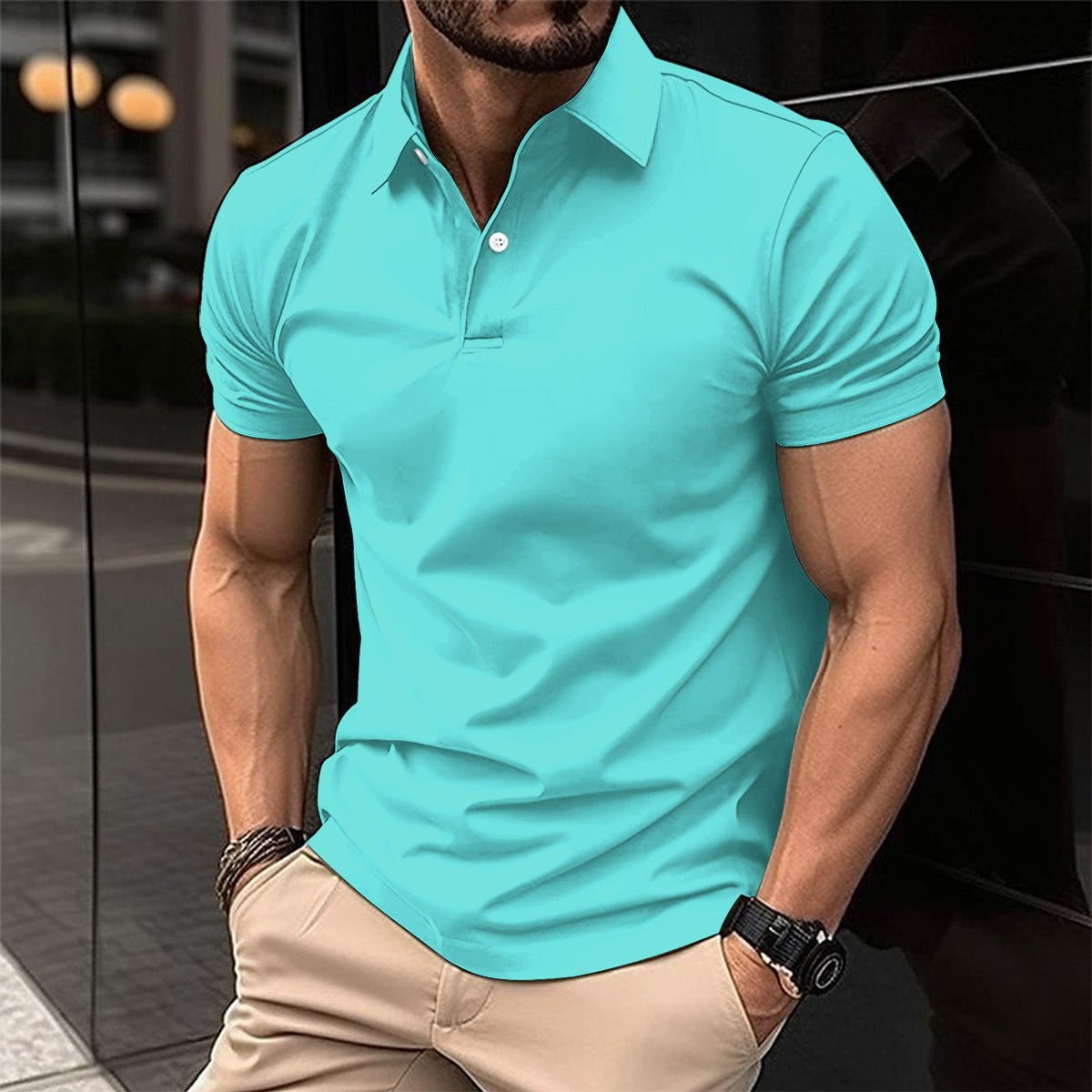 Summer Short Sleeve Polo Shirt Men Solid Color Button Lapel Button Top - Pickkart