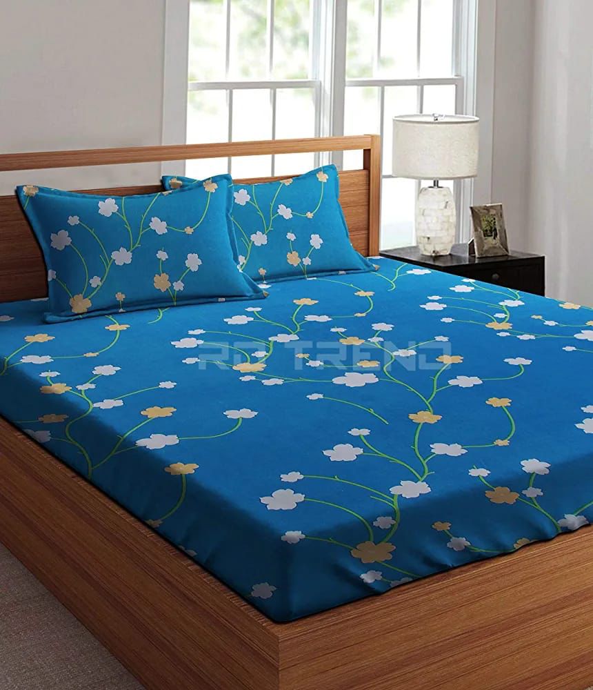 Super Soft Glace Cotton All Round Elastic Fitted Double Bed Bedsheet with 2 Pillow Covers - 72x78x8 - Pickkart