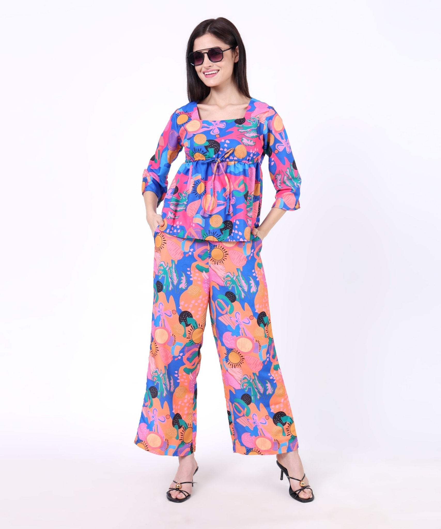 The Seamsters Crew Women's Colourful Free Flowing Abstract Printed Top With Trouser Co - ord Set - Pickkart