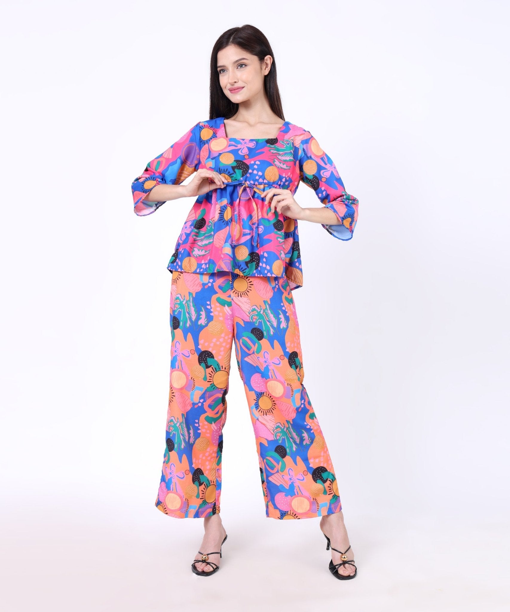 The Seamsters Crew Women's Colourful Free Flowing Abstract Printed Top With Trouser Co - ord Set - Pickkart