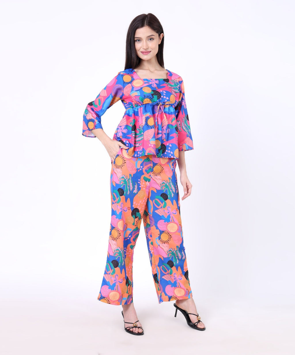 The Seamsters Crew Women's Colourful Free Flowing Abstract Printed Top With Trouser Co - ord Set - Pickkart