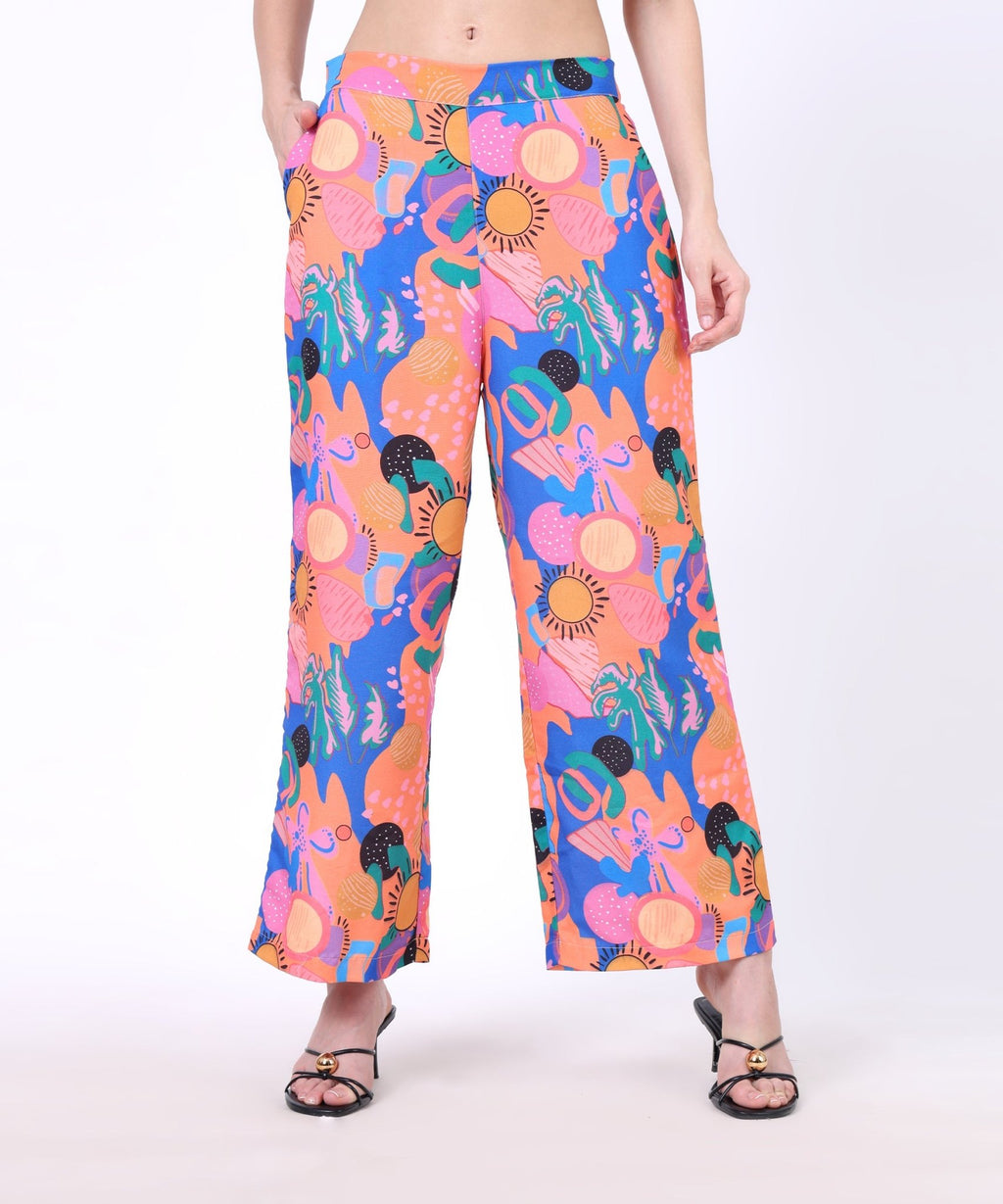 The Seamsters Crew Women's Colourful Free Flowing Abstract Printed Top With Trouser Co - ord Set - Pickkart