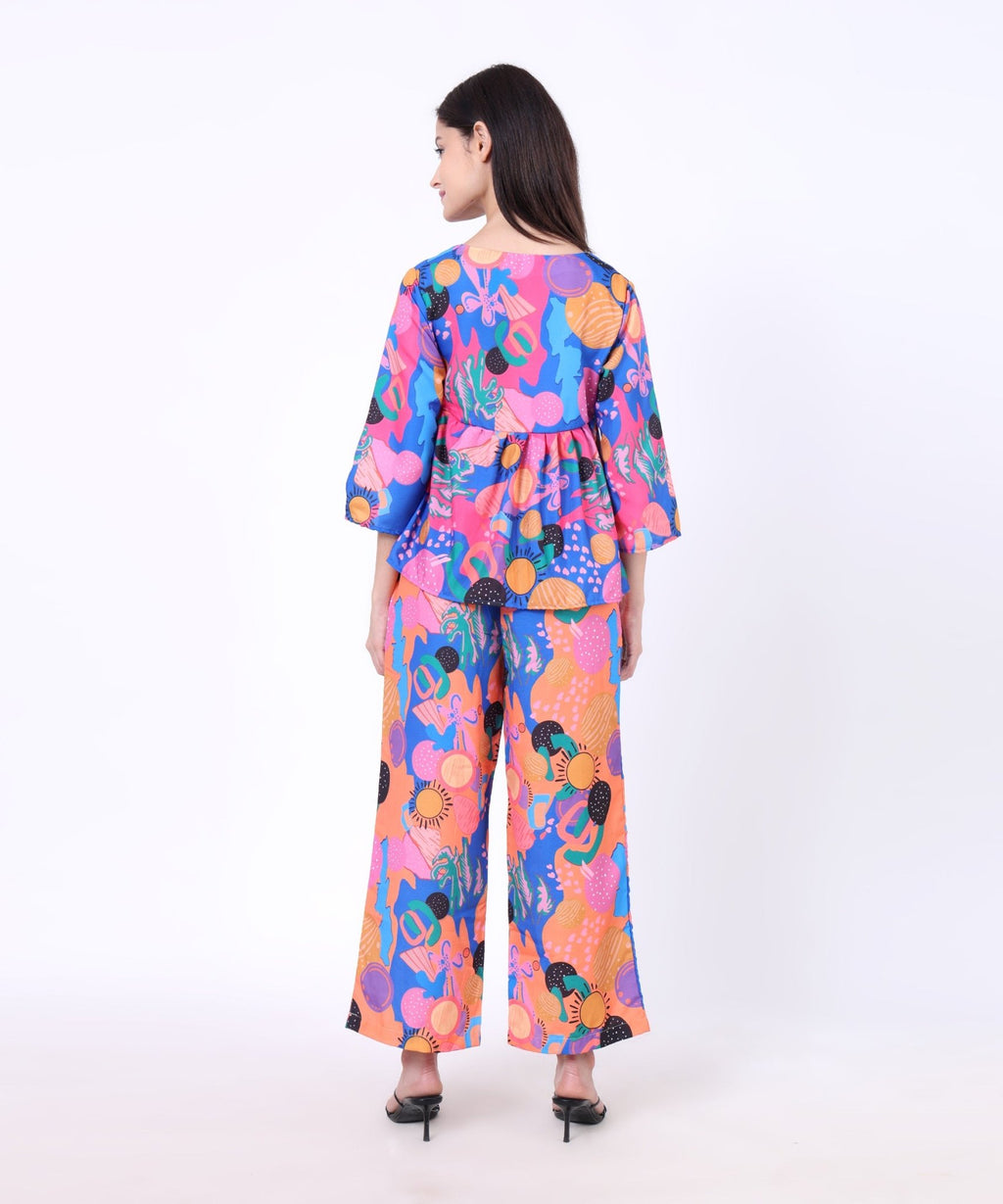 The Seamsters Crew Women's Colourful Free Flowing Abstract Printed Top With Trouser Co - ord Set - Pickkart