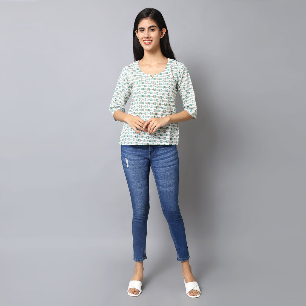 The Seamsters Crew Women's Printed Cotton Regular Short Kurti - Pickkart