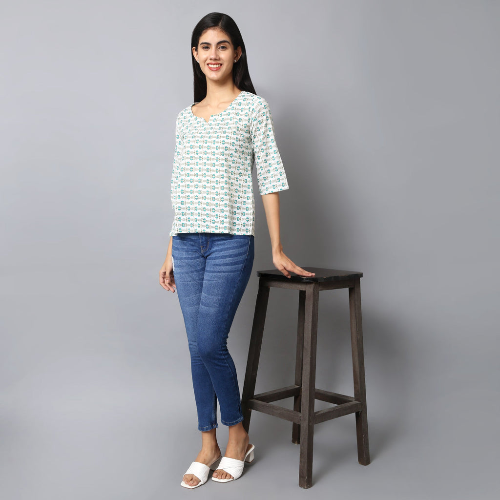 The Seamsters Crew Women's Printed Cotton Regular Short Kurti - Pickkart