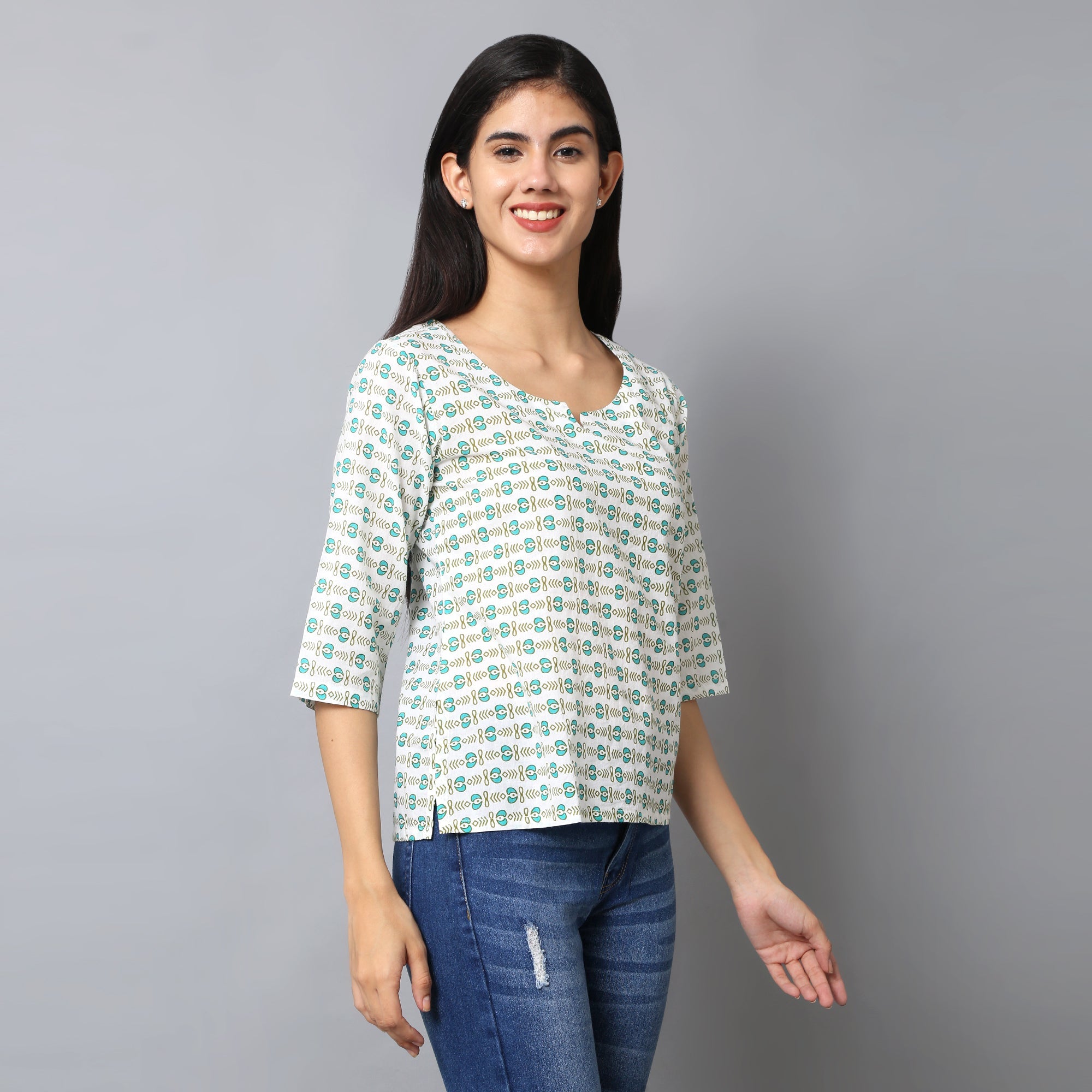 The Seamsters Crew Women's Printed Cotton Regular Short Kurti - Pickkart