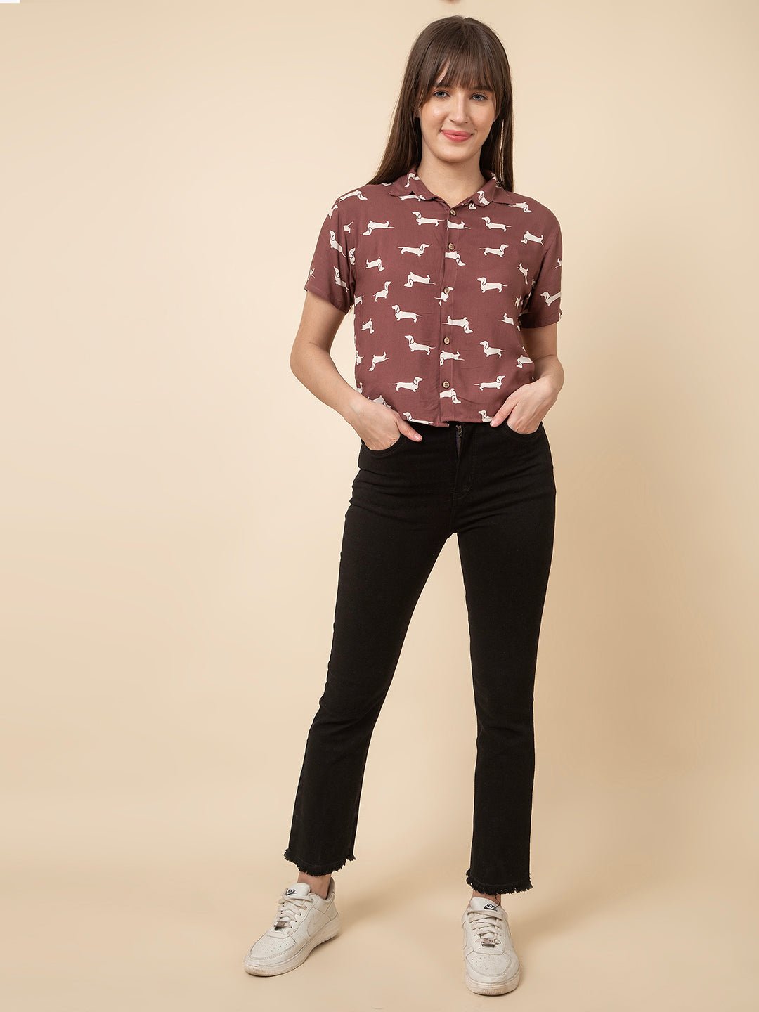 The Seamsters Crew Women's Short Sleeve Shirt Collar Dog Printed Rayon Casual Shirt - Pickkart