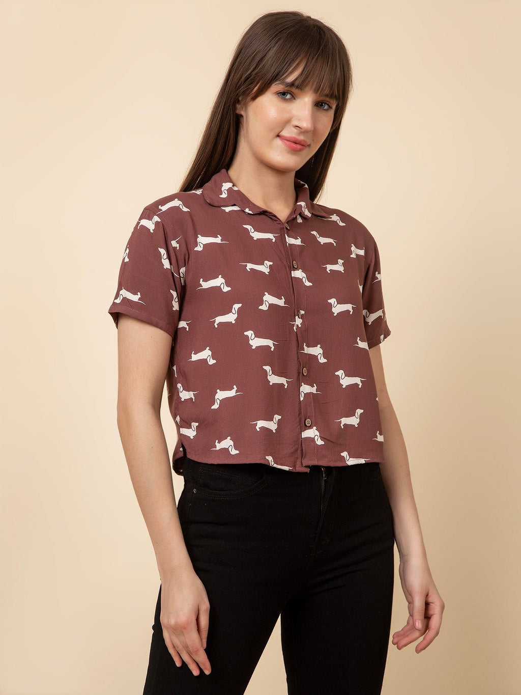 The Seamsters Crew Women's Short Sleeve Shirt Collar Dog Printed Rayon Casual Shirt - Pickkart