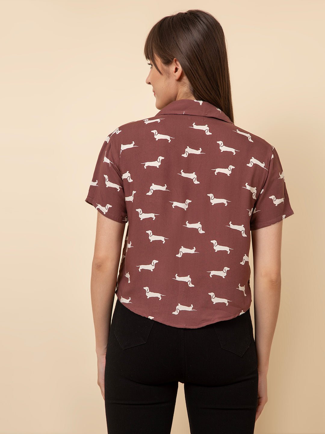 The Seamsters Crew Women's Short Sleeve Shirt Collar Dog Printed Rayon Casual Shirt - Pickkart