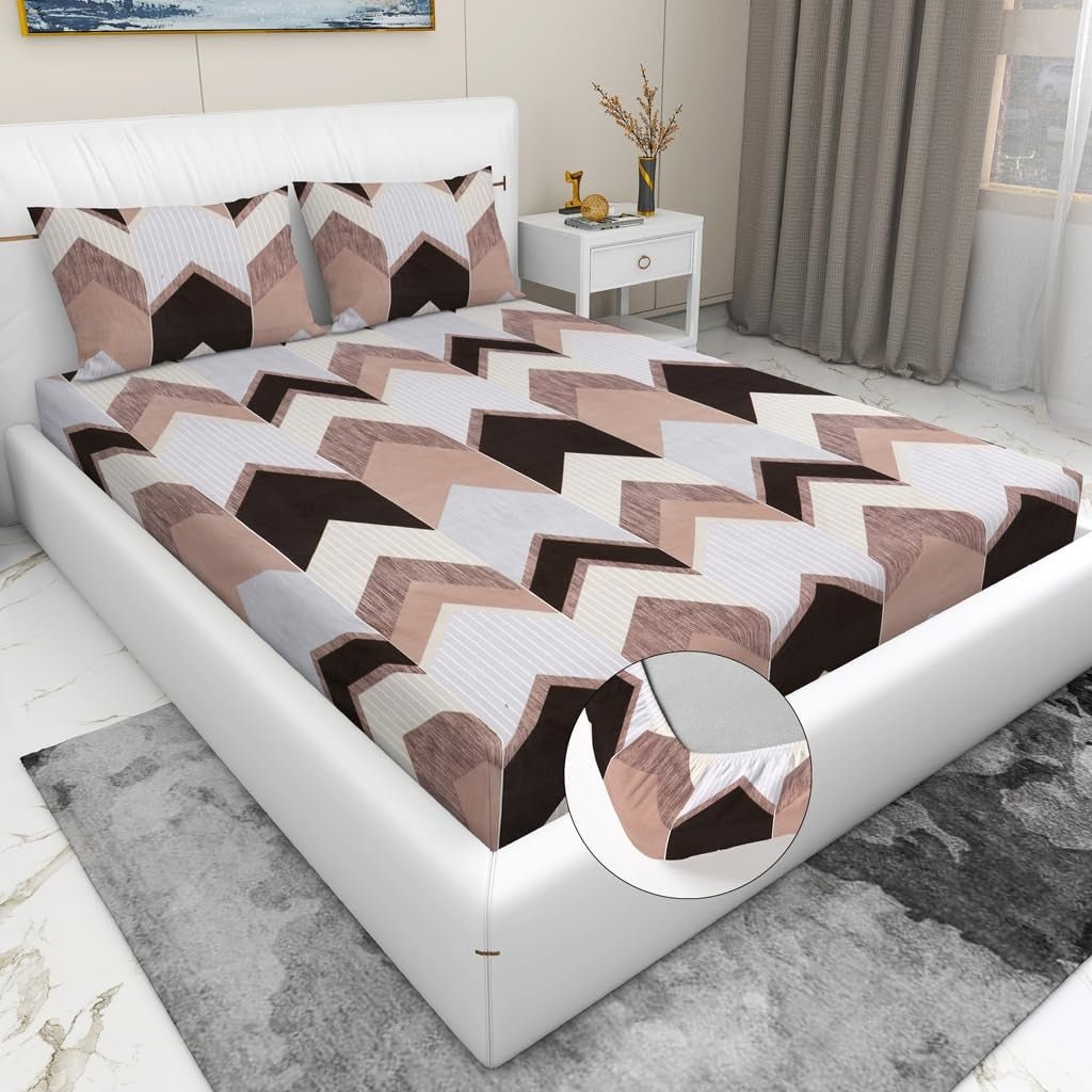 White - Grey - Black Cotton Elastic 160 TC King Bedsheet with 2 Pillow Covers - Pickkart