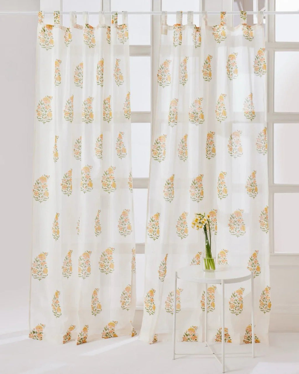 White & Yellow Hand Block Printed Linen Curtains | Floral Bouquet Design - Pickkart