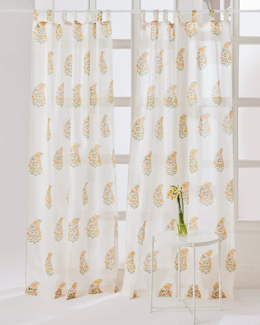 White & Yellow Hand Block Printed Linen Curtains | Floral Bouquet Design - Pickkart
